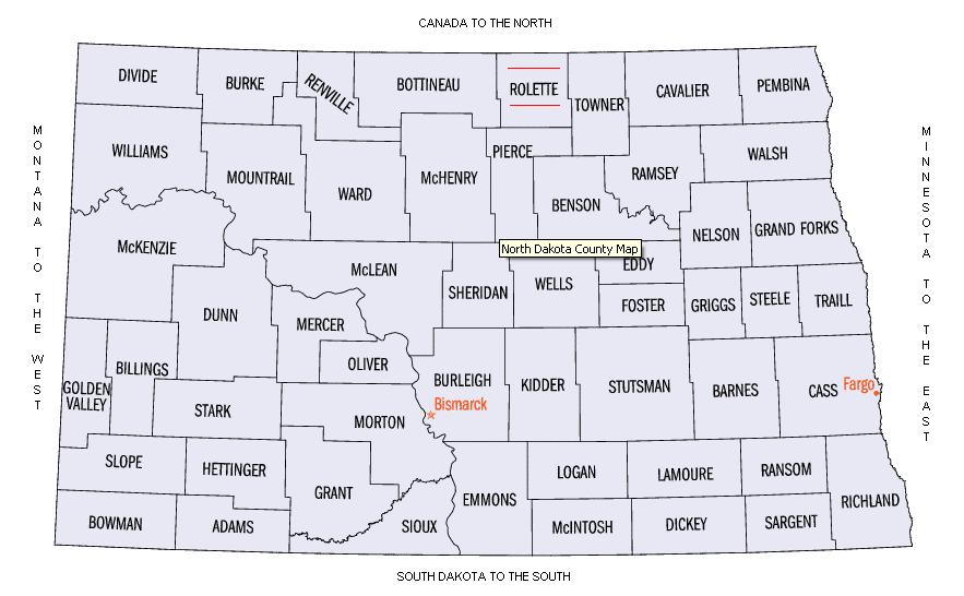 Image of North Dakota Map showing Rolette County Near Canadian Border